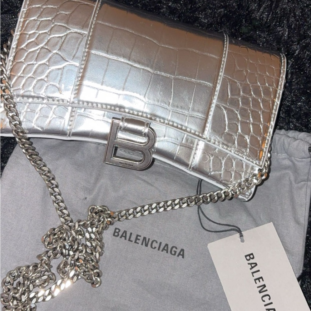 Balenciaga Silver Croc-Embossed Wristlet